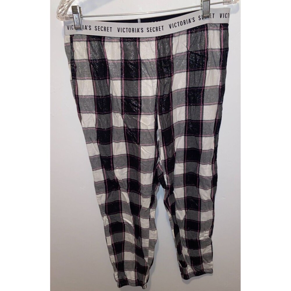 Victoria Secret VS Pajama Pants Plaid Flannel Lightweight M Joggers Logo Band